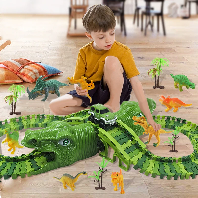 240 قطعة DIY ديناصور القطار الكهربائي سيارة لعبة السكك الحديدية مجموعة مرنة للتغيير تجميعها اللبنات المسار للبنين ألعاب أطفال هدية