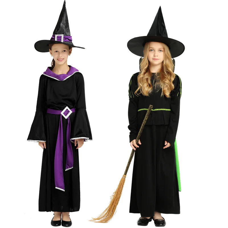 

Children Carnival Witch Costume For Girl Children's Day Witch Princess Costumes Black Spider Witch Cosplay Dress with Hat
