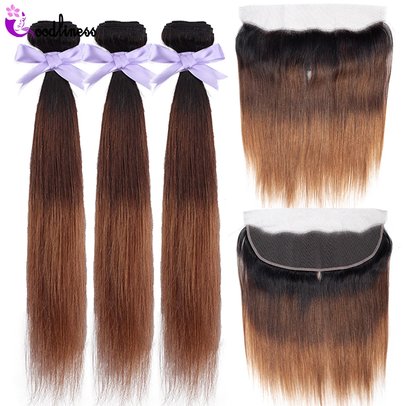 

Goodliness Ombre Bundles With Frontal Pre-plucked 1b/4/30 3 Tone Remy Ombre Brazilian Straight Human Hair Bundles With Frontal