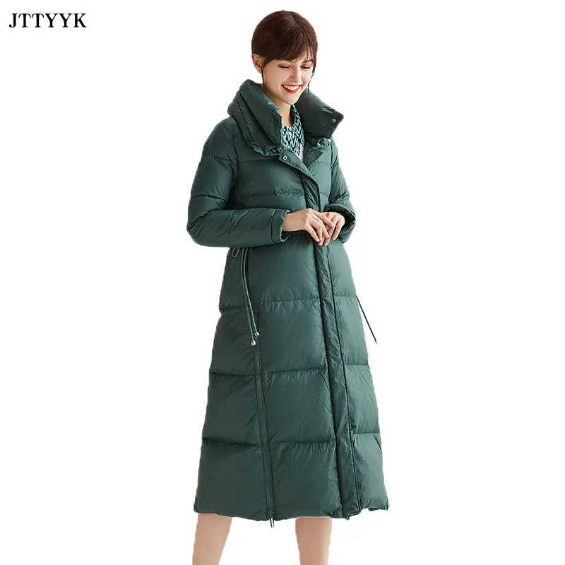 

White Duck Down Parker Jacket Women 2020 Winter Stand Collar Over The Knee Solid Color Down Coat Female Thick Warm Snow Jackets
