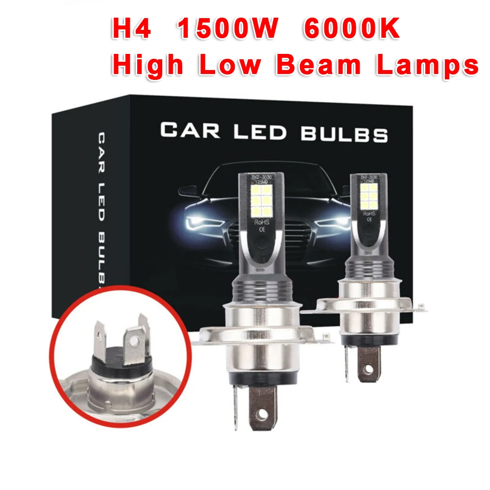 

2Pcs H4 LED Fog Light Bulbs Conversion Kits 1500W High Low Beam Headlight 6000K Lamps 9003/HB2 High/low Beam COB LED Headlights