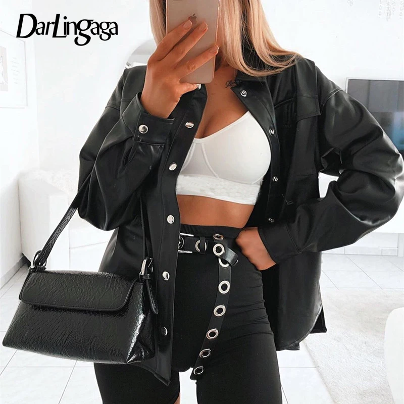 Womens Shirt Top Blouses Cardigan Buttons Long-Sleeve Darlingaga Black Fashion Streetwear