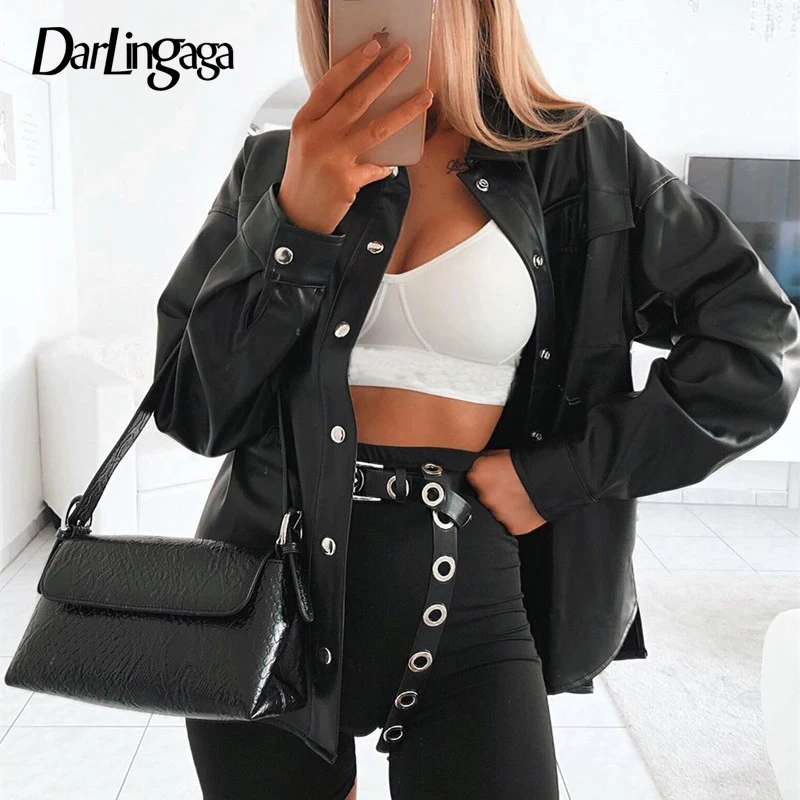  Darlingaga Streetwear Black PU Leather Blouse Women Cardigan Buttons Fashion Women's Shirt Top Long