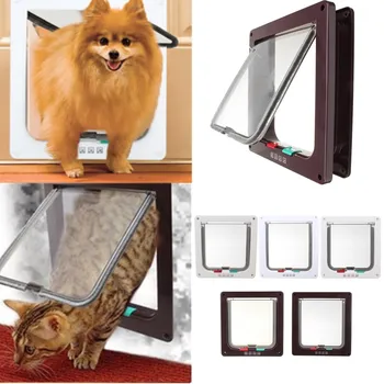 

4 Way Lockable Dog Cat Door Security Flap Door ABS Plastic S/M/L Animal Small Pet Cat Dog Gate Door Pet Supplies White