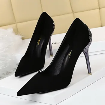 

Sexy Pumps Nightclub Slim High Heel Woman Shoes Flock Red Wedding Shoes Suede Shallow Pointed Toe 10cm Metal Heel Single Shoes