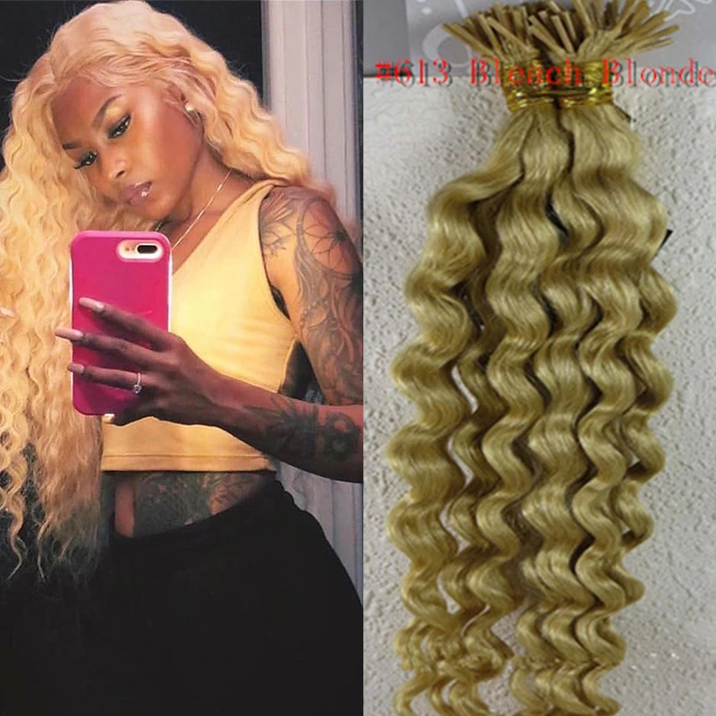 Deep Curly Keratin Capsules Human Fusion Virgin Hair 12-28inch Nail Remy Pre Bonded I Tip Hair Extensions Human #60 Blonde hair extensions