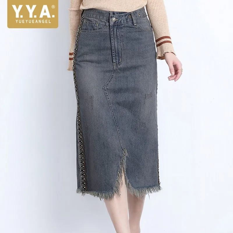 Hoge Taille Asymmetrische Medium Lengte Vrouwen Denim Rokken Geborduurde Flares Ripped Kwastje Vrouwelijke Vintage A-lijn Rokken Plus Size Hoge Taille Asymmetrische Medium Lengte Vrouwen Denim Rokken Geborduurde Flares Ripped Kwastje Vrouwelijke Vintage A-lijn Rokken Plus Size
