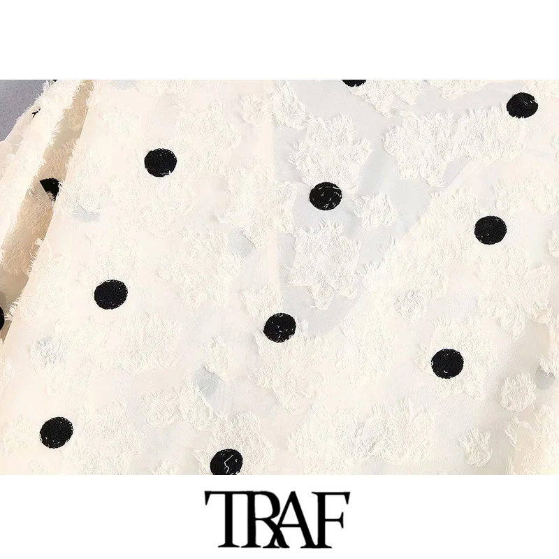 TRAF, Женская винтажная элегантная офисная одежда, блузки в горошек, модные, v-образный вырез, длинный рукав, оборки, эластичные манжеты, рубашки, шикарные топы