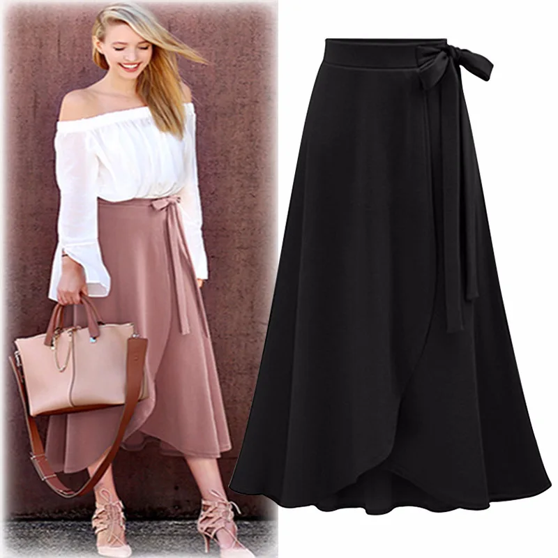 

New Style European Leg Plus-sized Mid-length Lace-up High-waisted Skirt Versatile Slit Skirt A064