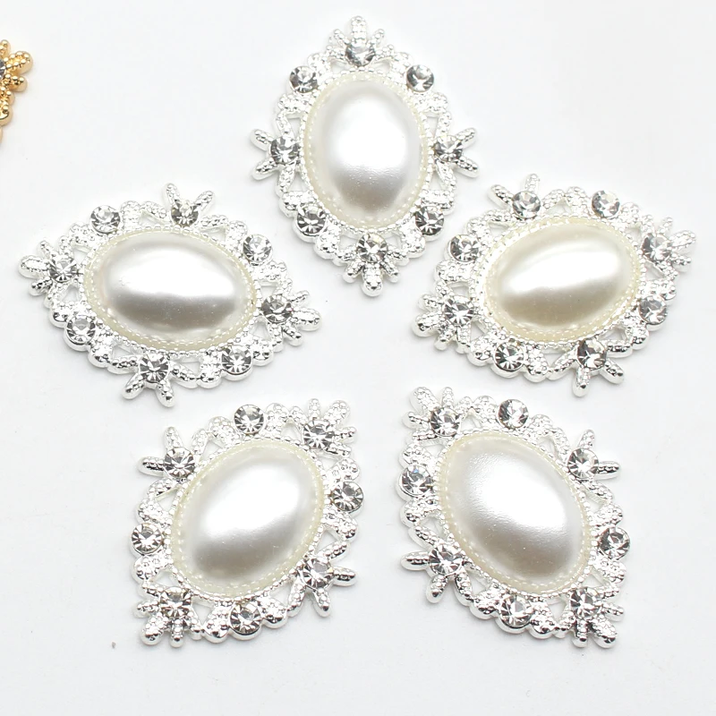 10pcs 33*25mm Retro Oval Pearl Alloy Rhinestone Button Jewelry Hairpin Clothing Wedding Decoration Handmade Diy Accessories