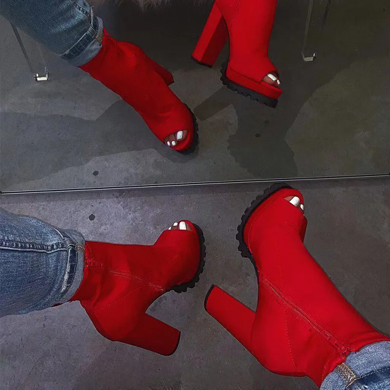 Новые модные ботинки красного цвета; женские ботильоны на молнии со змеиным узором; сезон осень; женская обувь на платформе с открытым носком на высоком толстом каблуке; Прямая поставка