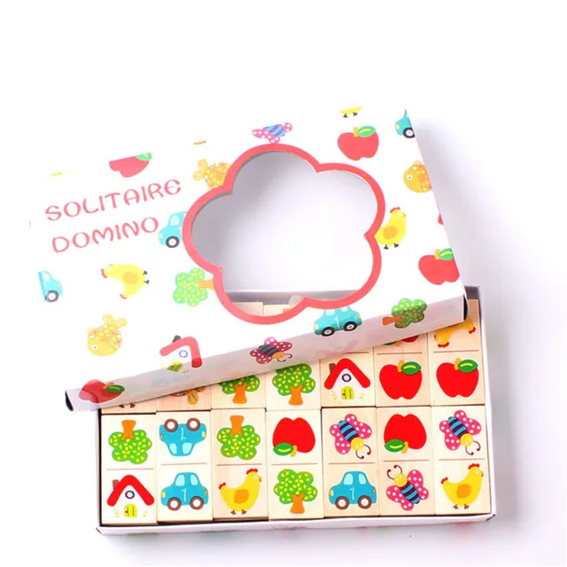 28pcs Wooden Domino Fruit Animal Recognize Blocks Dominoes Games Jigsaw Montessori Children Learning Education Puzzle Baby Toy 2