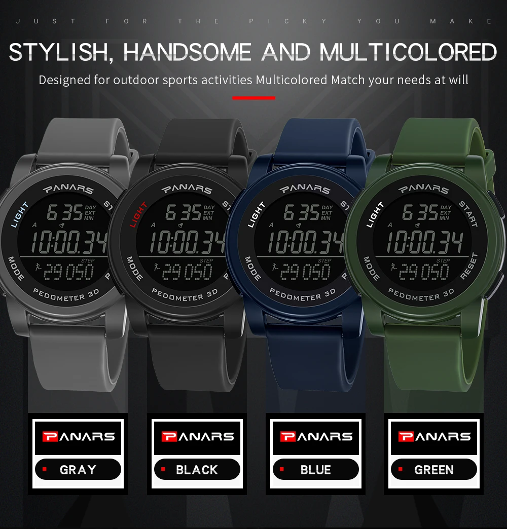 PANARS Mens Digital Watches Men's Sport Watch Dual Time Pedometer Alarm Clock 50M Waterproof Military Multifunction Reloj Hombre
