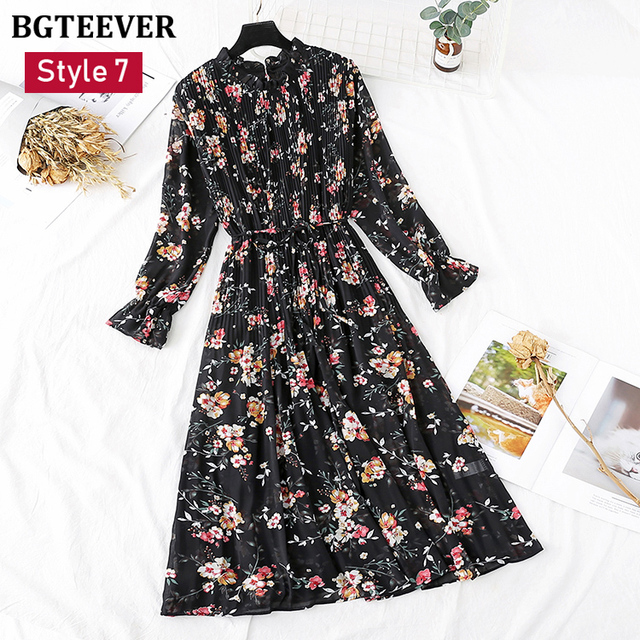 Spring Stand Collar Floral Print Women Dress Lace Up Female Pleated Dress Summer Party Midi Chiffon Vestidos femme 2021