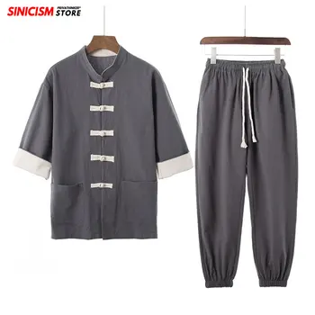 

Sinicism Store Cotton Linen Shirts Men's Sets Vintage Summer Tracksuit Men 2020 Loose Pants Suits Chinese Style Male Clothes 5XL