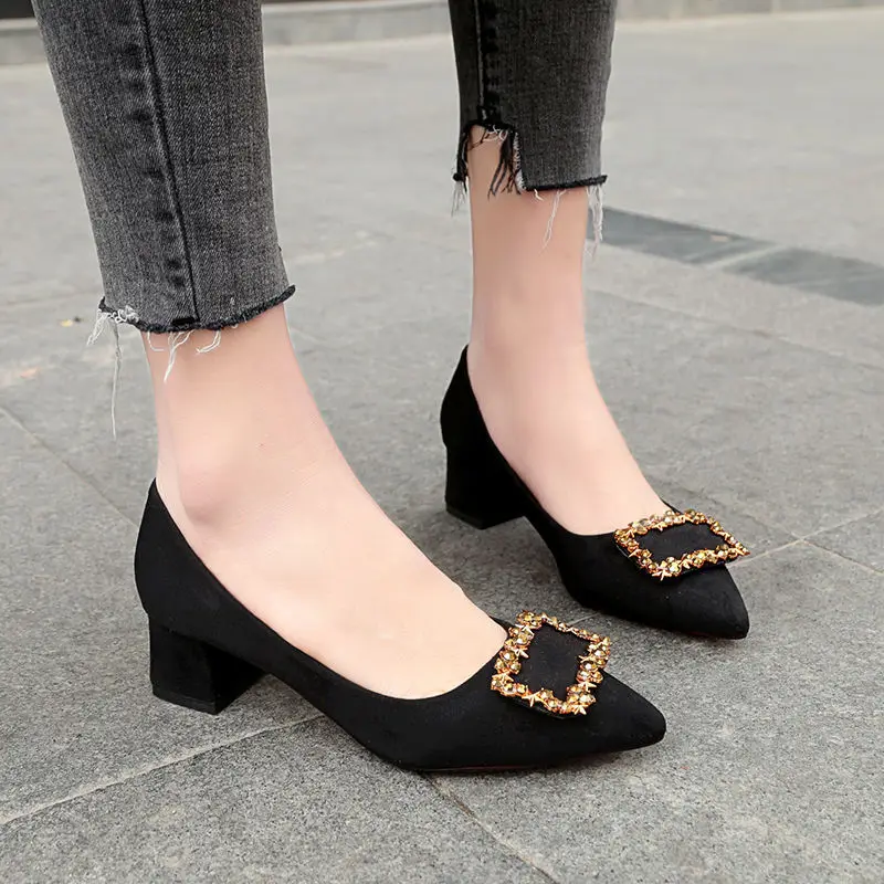 

Shoes Women's Pointed Toe Suede Chunky-Heel Semi-high Heeled Square Buckle Low-top Shoes Foot Covering Low-Cut Work Versatile 20