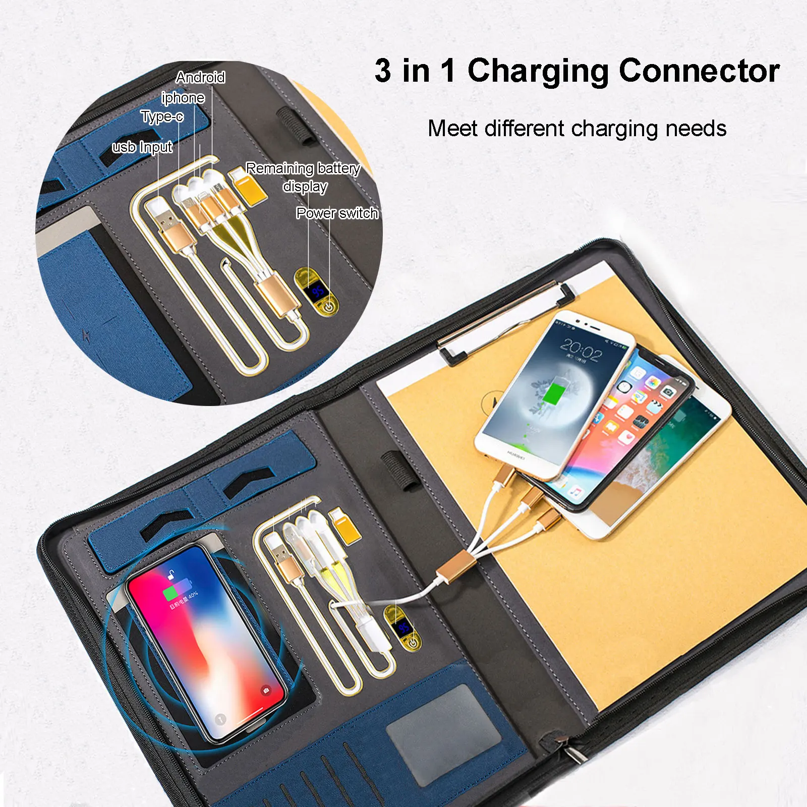 Pasta de Carregamento Portátil com Zíper Pasta com 8000mah Portfólio Busines Pasta Power 16gu Disco Escritório Notebook Organizador a4 pu 3 pasta portátil com zíper pasta com 8000mah