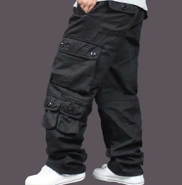 Мужские длинные штаны осень-зима теплые флисовые утолщенные комбинезоны хип-хоп мужские Мешковатые повседневные брюки карго теплые - Цвет: Черный