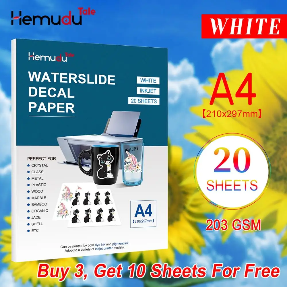 

A4 20sheets 203gsm Inkjet Water Slide Decal Transfer Paper White Printing Paper White Waterslide Decal Paper