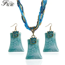 F& U винтажный комплект ювелирных изделий Ретро Богемия Геометрический стиль многослойные бусы цепочка Кулон-камень из смолы ожерелье и серьги для женщин