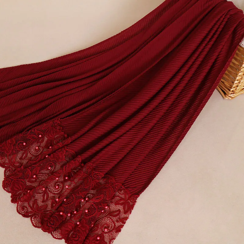 Дизайн роскошные цветочные кружевные края сморщенные Твердые шаль вискозный мусульманский женский хиджабы-шарфы модные бусины, жемчужины шарф - Цвет: Color1