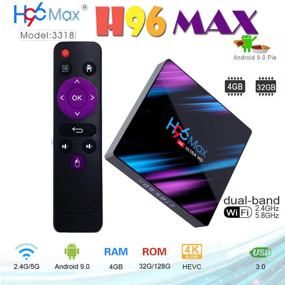 

H96 MAX 9.0 Android Smart TV Box 4GB + 64GB Wireless IPTV Box 4K USB Set Top Box WiFi 5G For Netflix Youtube Google Play