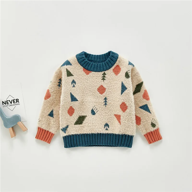 

Blotona Fall Winter Baby Cartoon Geometric Pattern Sweater Imitation Mink Long Sleeve Pullover Knitwear Tops for Boys and Girls
