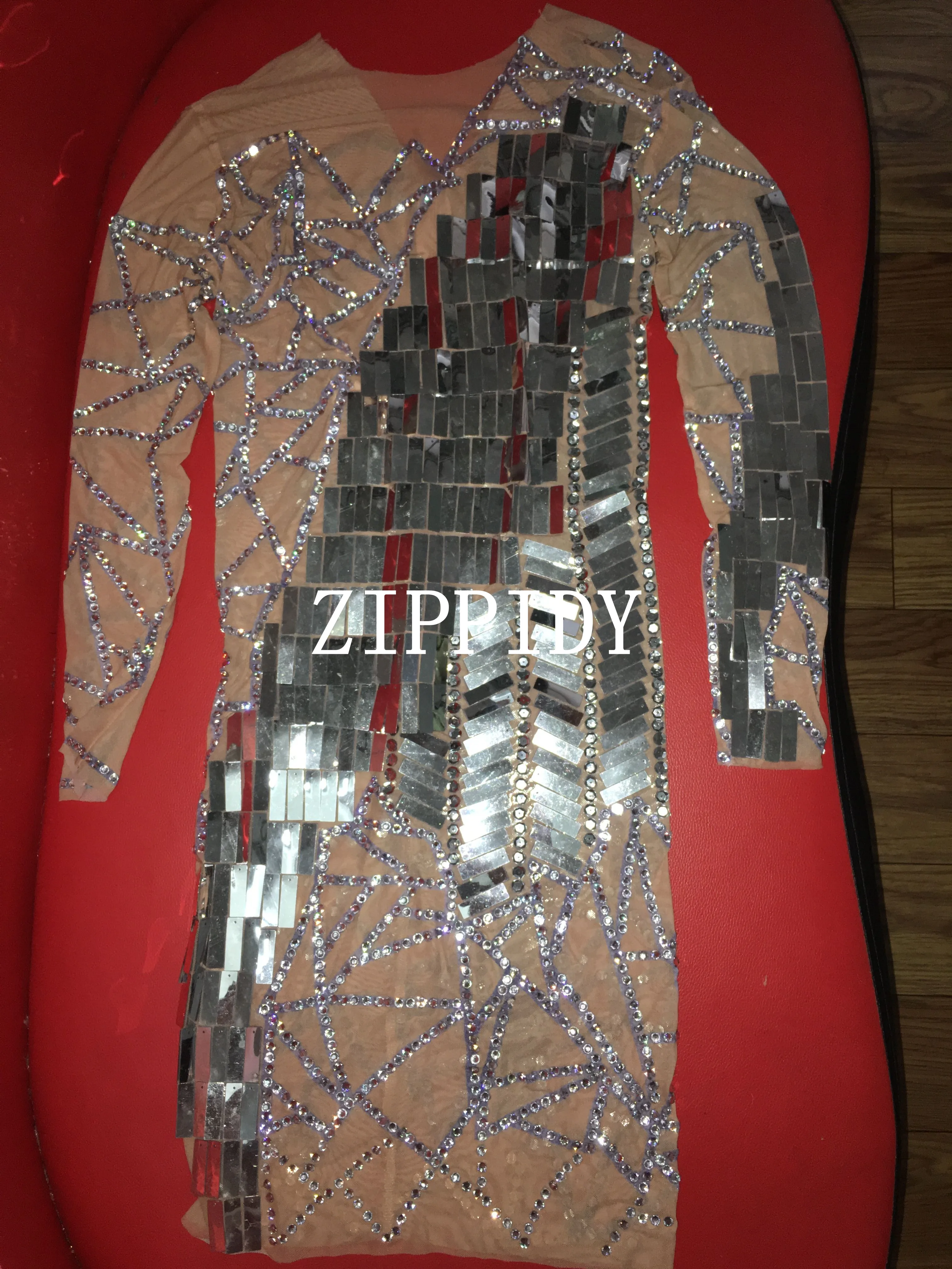 Sparkly Silver Mirrors Dress See Through Perspective One-piece Dress Party Birthday Celebrate Costume Singer Dance Costume YOUDU