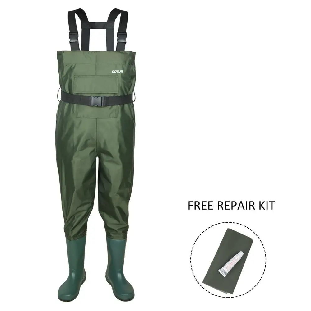 Gonex Waders Pêche Enfant, Chasse Waders Poitrine avec Bottes en Nylon/PVC,  Taille Ajustable pour Garçons et Filles de L'âge 2-13