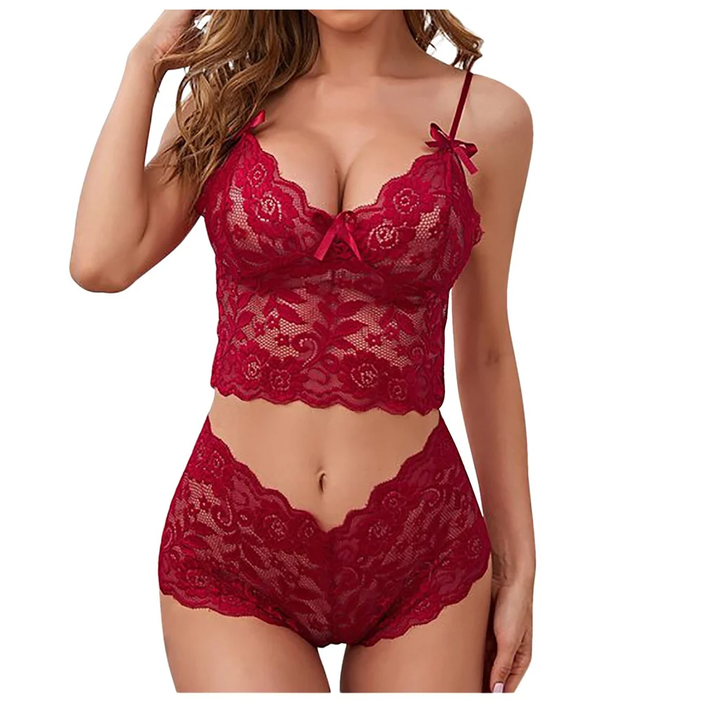 Women's Sexy Lingerie Women Underwear Two-Piece Sexy Thin Bra Set Babydoll Sleepwear Lace Vest Camisole Tube Top Panties Suit red bra set Bra & Brief Sets