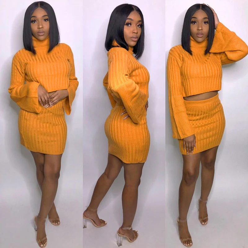

Sexy 2Pcs Set Mini Skirt Outfits Crop Top Flare Sleeve Sweater Dress Women Jumper Suit Rib Winter Orange Blazer Knitted Outfits