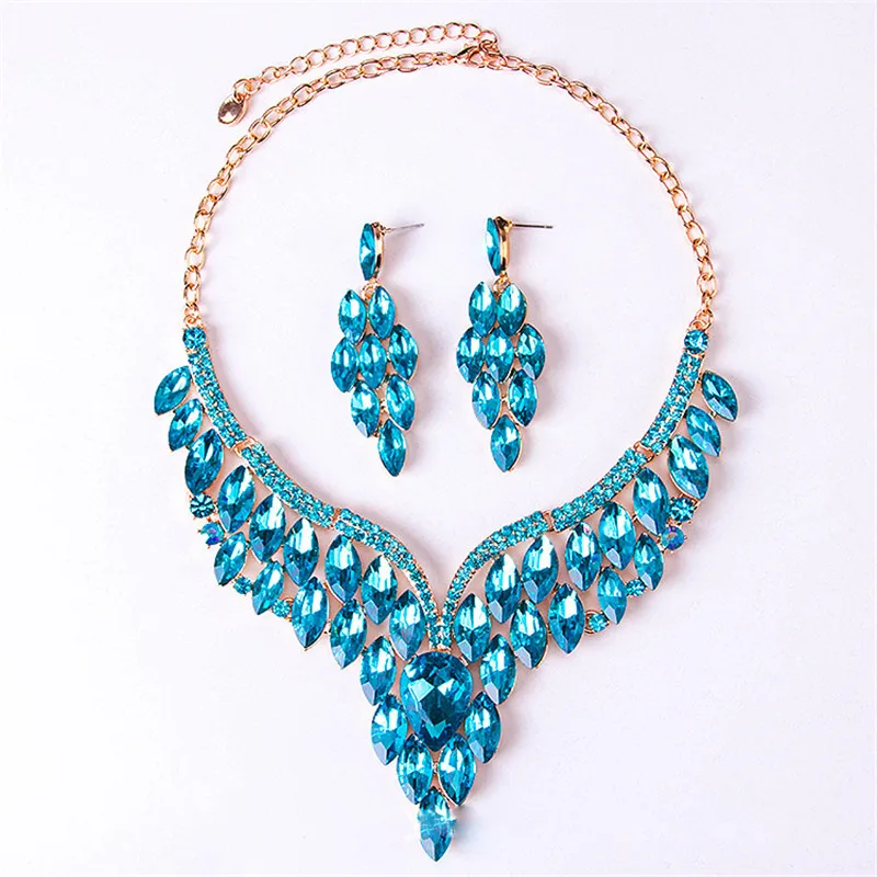 Модный кристалл V Форма наборы свадебных ювелирных изделий ожерелье и серьги невесты для женщин Свадебная вечеринка костюм аксессуары Золотая цепочка - Окраска металла: Blue