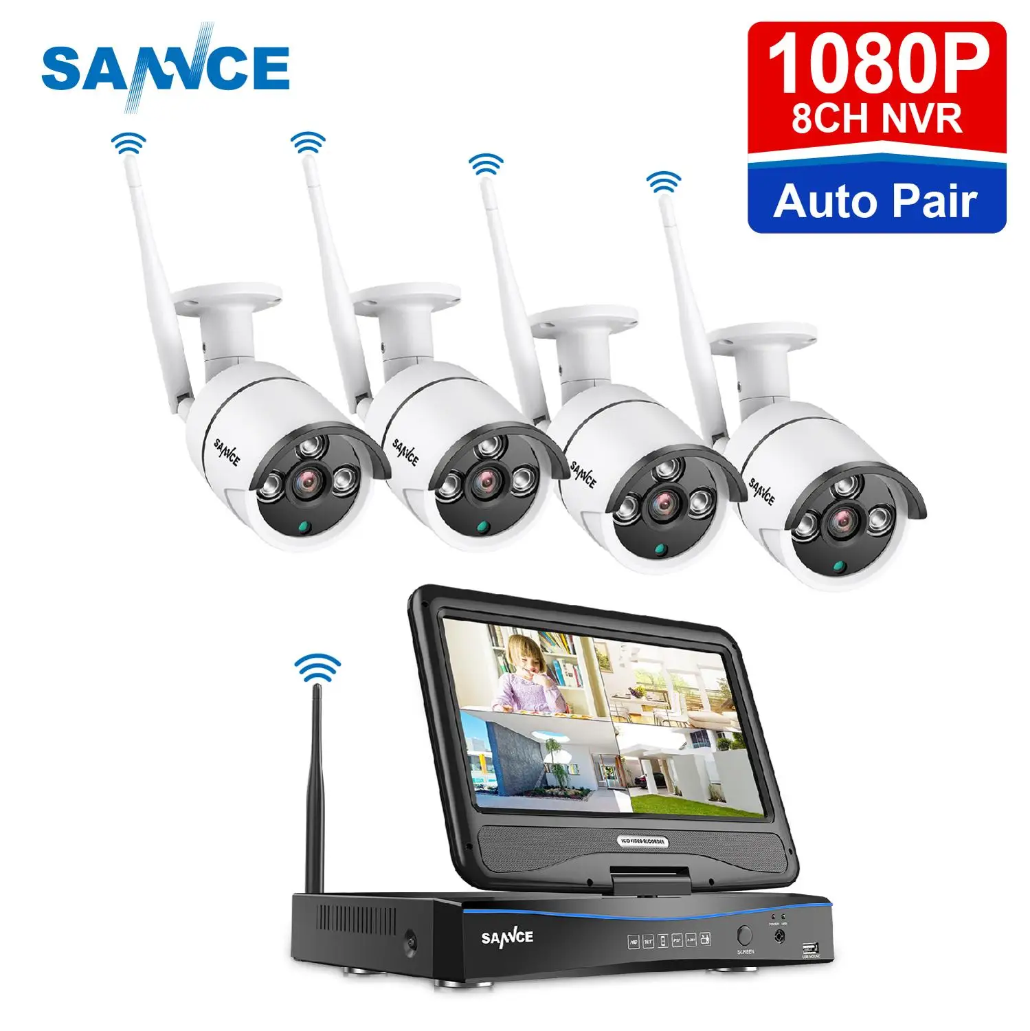  SANNCE 8CH 1080P WIFI Video Security System With 10.1inch LCD Screen 2MP H.264+ NVR With 4PCS 2MP O