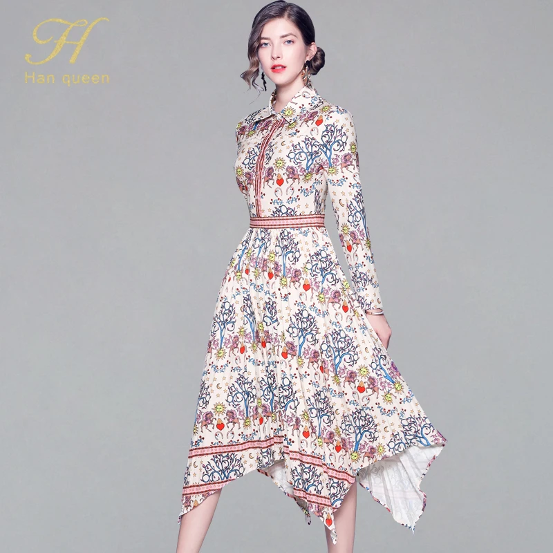 

H Han Queen 2019 Autumn Irregular Bohemia Print Dress Ladies Single-breasted Fashion Elegant Female Slim Casual Dresses Women