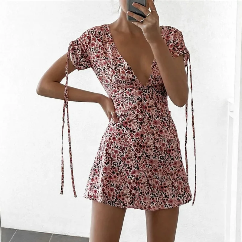 2021 Bikinis Summer Beach Dress Ladies Floral Print Deep V-Neck Drawstring Short Sleeve Swimsuits Beachwear Cover Ups Bathing bikini cover up skirt