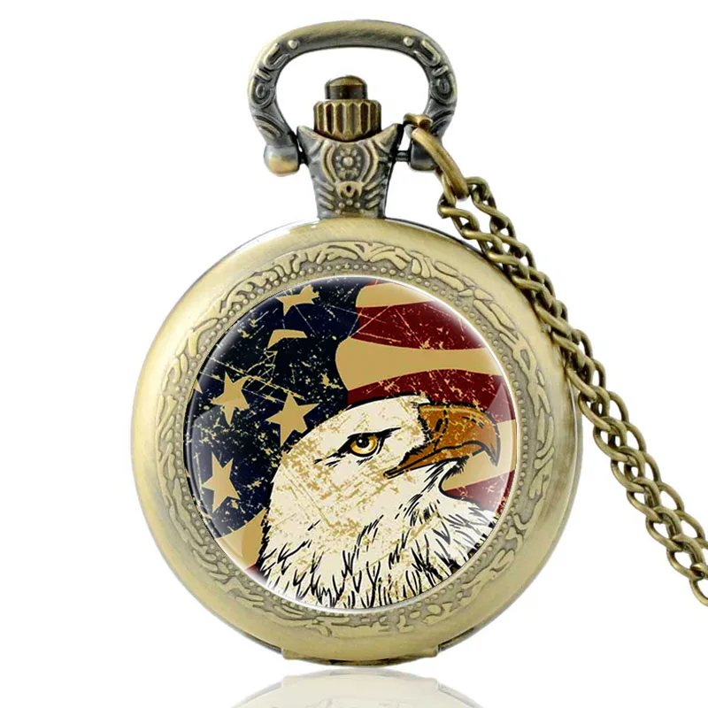 

Antique Bronze American Flag Eagle Design Glass Cabochon Quartz Pocket Watch Vintage Men Women Pendant Necklace Chain Clock