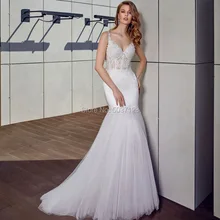 Свадебное платье Русалка с v-образным вырезом на тонких бретелях Vestido De Noiva кружевное свадебное платье с аппликацией развертки поезд Кнопка иллюзия