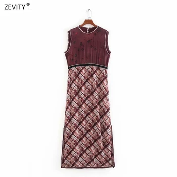 

2020 Women vintage o neck patchwork print side split Dress female Sleeveless vestido Chic casual straight chiffon Dresses DS3767