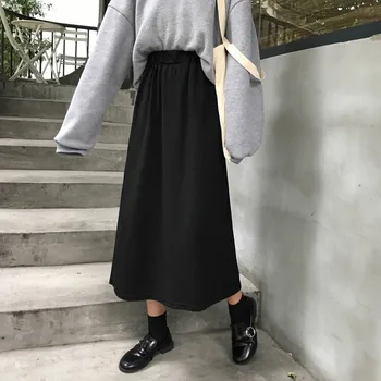 

2020 Autumn Popular Casual Temperament Cotton Loose Dress Women's Solid Color Long A- line Dress High Waist Skirt Women