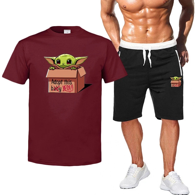 Hot Product Olevo Short Sleeve Sweatsuits Jogger Suit Mens Star War Yoda Baby Printed Tracksuit Shorts Sweatpants Gym Sportswear 2 Piece Set