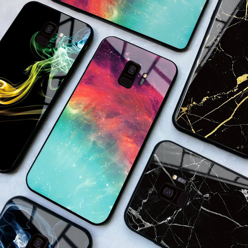 

Phone Case For Samsung Galaxy A40 A50 A60 M40 A70 A6S A8S S7 S8 S9 S10 S6edge Plus Lite Note 8 9 Tempered Glass Marble Nebula