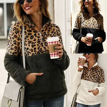 

Women Leopard Stiching Zipper Up Turtleneck Fleece Fluffy Pullover Hoodies Casual Long Sleeve Lady Sweatshirt With Pocket
