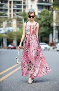 

Beach Long Dresses Women 2020 Runway Fashion New Elegant Pink Abstract Printed Ethnic Vintage Sleeve dress