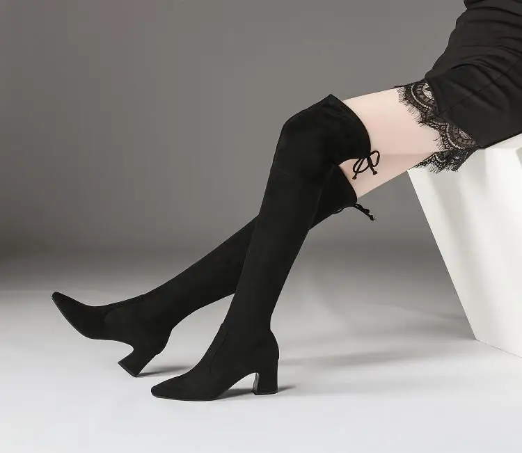 

High heels female elastic knee-high boots thick with high heel boots boots stitching material