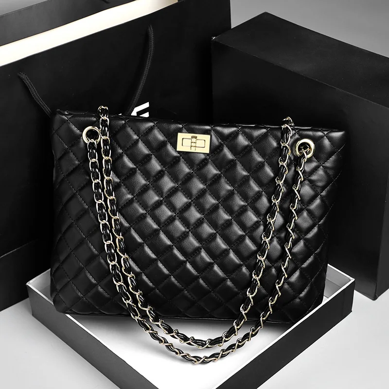 2018 Luxury Brand Women Plaid Bags Large Tote Bag Female Handbags Designer Black Leather Big Crossbody Chain Messenger Bag Girl (1)