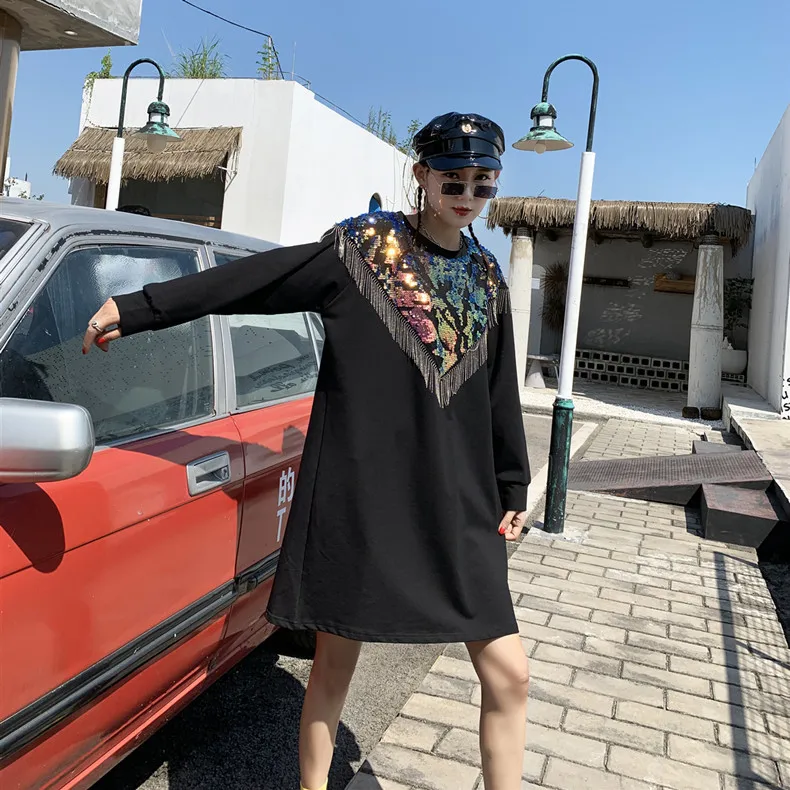 Женская футболка с длинными рукавами и блестками в стиле пэчворк, надеваемое через голову платье, Женское зимнее платье с кисточками, круглый вырез, повседневные Прямые платья
