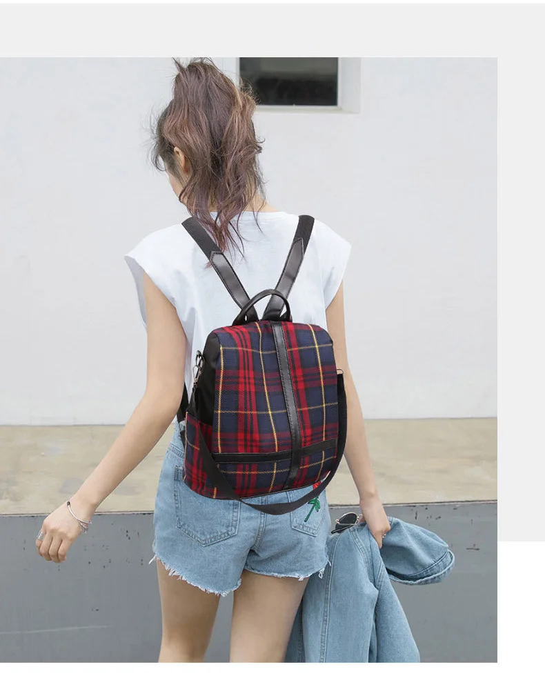Female Red Plaid Backpack Purse Anti Theft Canvas Casual Backpack for Women 2019 Small Travel Backpack Bag School Girls Rucksack (10)
