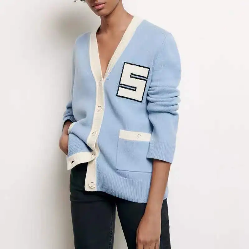 ^Cheap 2020 Spring new V neck letter embroidery women casual blue cardigans coat ^Cheap 2020 Spring new V neck letter embroidery women casual blue cardigans coat