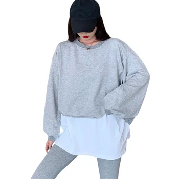 

Hoodies Women Fake Two-piece Stitching Loose SweatshirtsLong Sleeve Casual Pullover Solid Color Hoodie Tops*