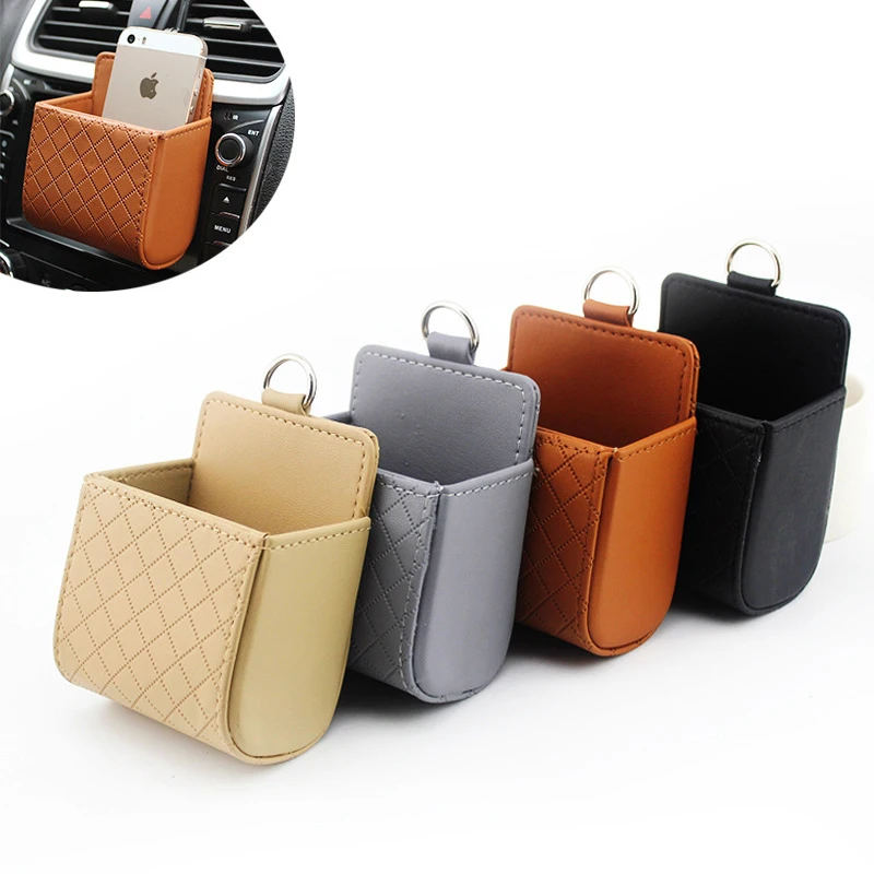 

Car Mobile Phone Bag Storage Bucket PU Leather Auto Outlet Air Vent Trash Case Hand Phone Holder Bag Pouch
